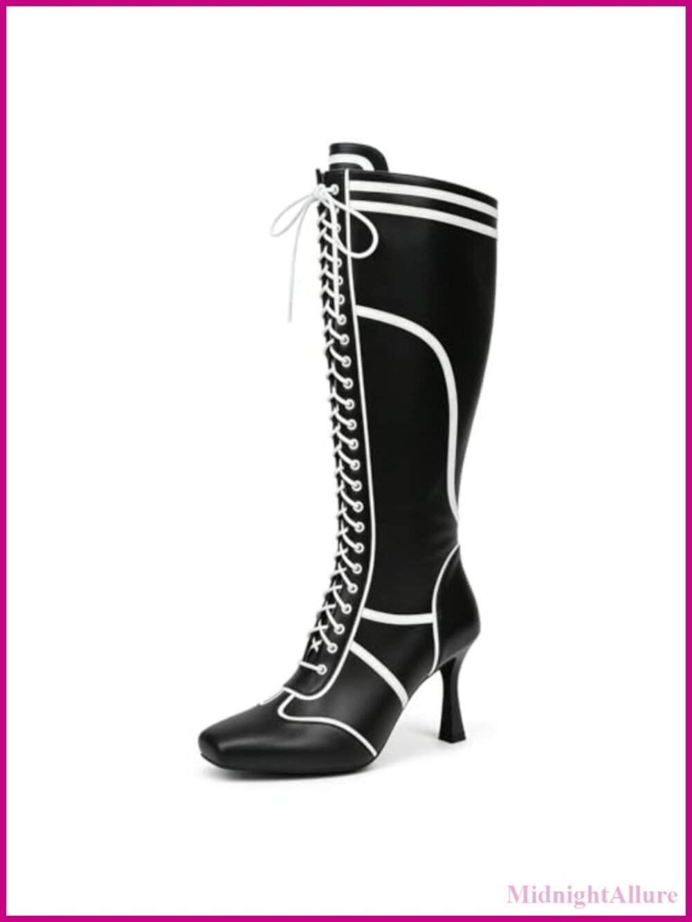 Womens Knee High Boots Square Toe Kitten Heel Lace Up Faux Leather